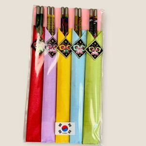 Korean Stainless Chopstick Set of 5 Pairs Painted With Embroidered Holder New